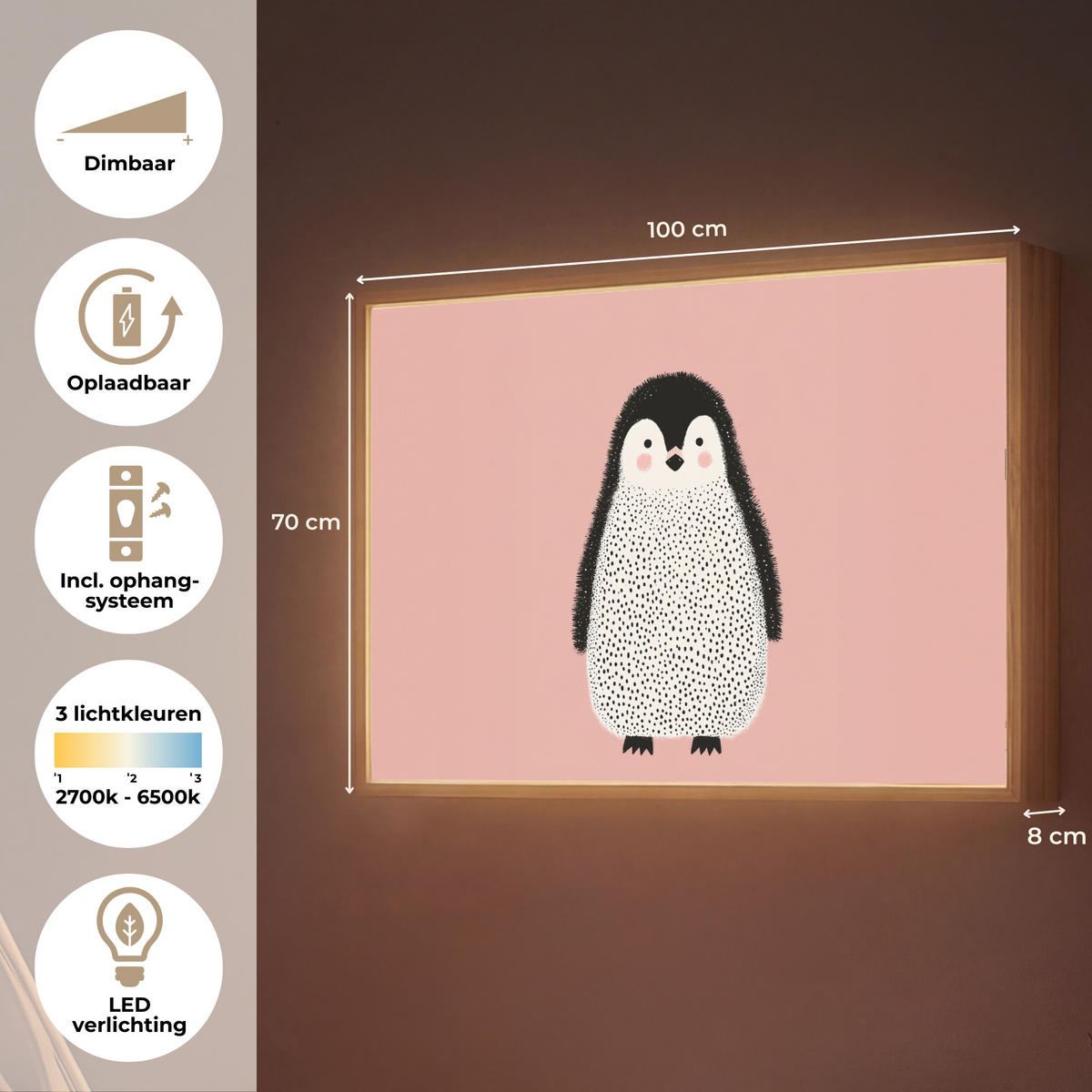 NÁSTĚNNÁ LAMPA S AKUMULÁTOREM Tučňák - Tečky - Minimalistický - Růžový 100x70 cm - růžová, kompozitní dřevo (100/70/8cm) - OnlyWow