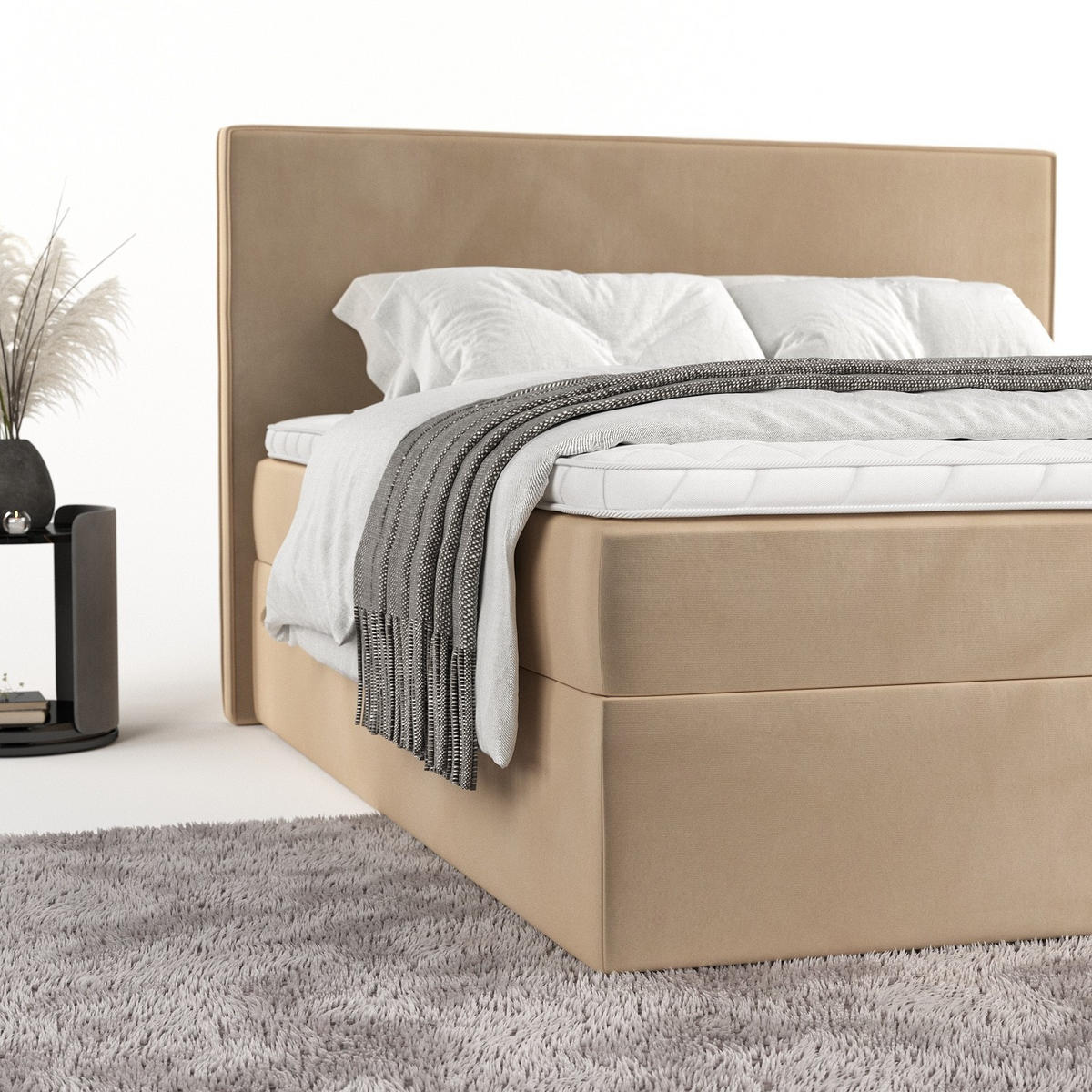 BOXBETT Nuvia 140/200 cm Beige im Kronos Stoff - Beige/Schwarz, Holz/Holzwerkstoff (140/200cm) - AltaBeds