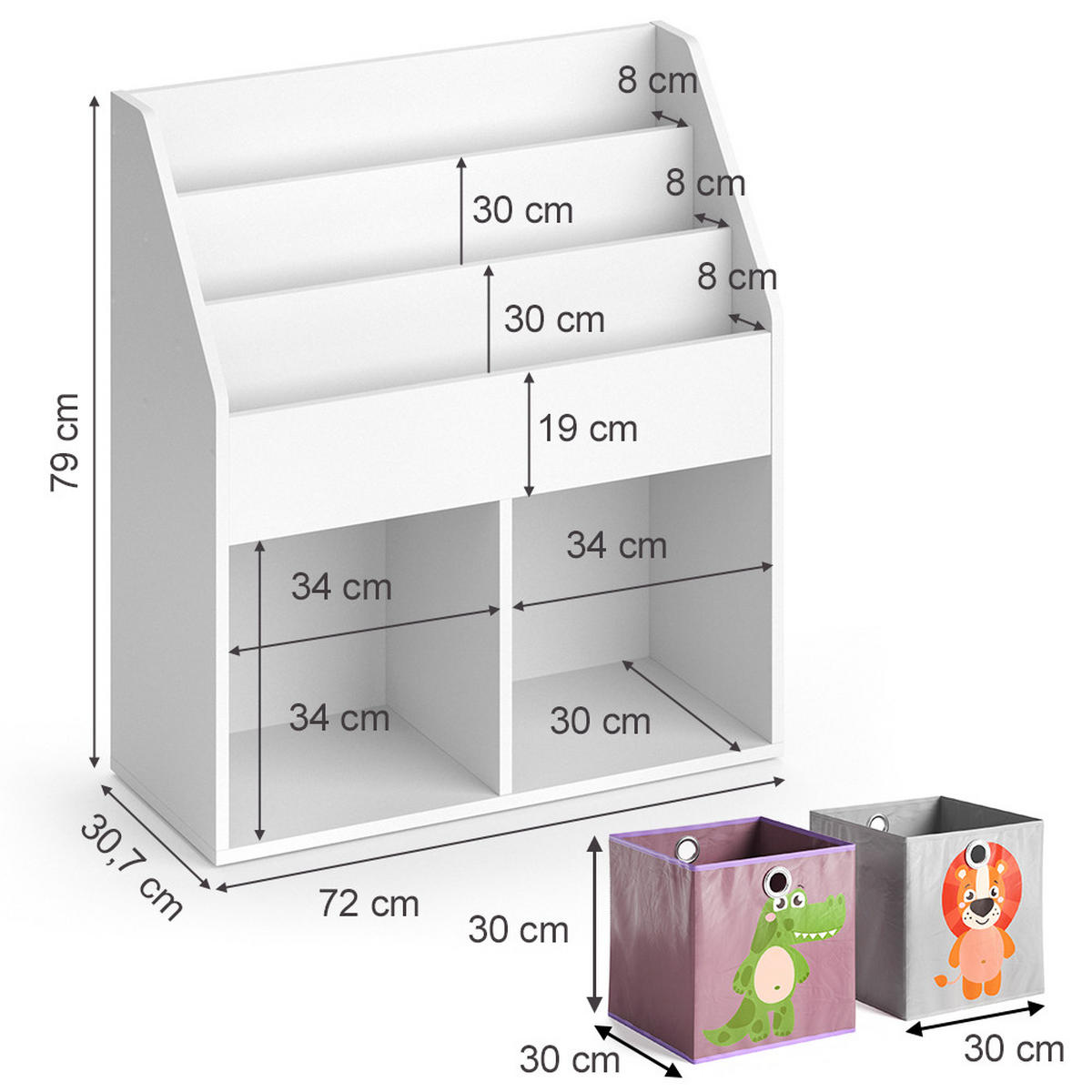 KINDERREGAL Luigi Weiß 72 x 79 cm mit 2 Faltboxen opt.3 - Weiß, Holzwerkstoff (72/79/30.7cm) - Vicco