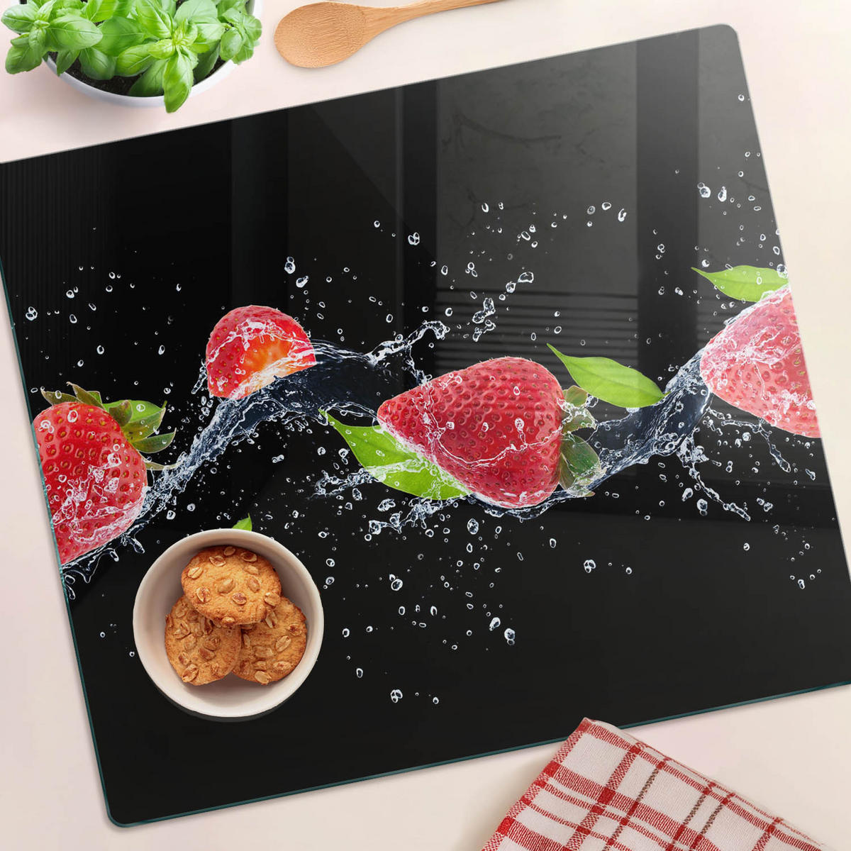 GLASPLATTE 60x52 cm Erdbeeren und Wasser - Rot, Glas (60/0.4/52cm) - TULUP