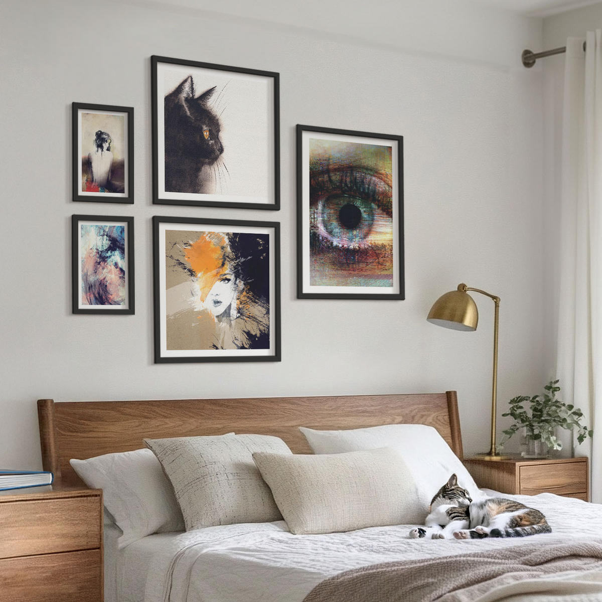 BILDER SET 5er Set - 50x50 cm & 20x30 cm & 40x60 cm Schwarzer Rahmen - Gelbgrau-braune Wellen - Schwarz, Kunststoff (40/60cm) - TULUP
