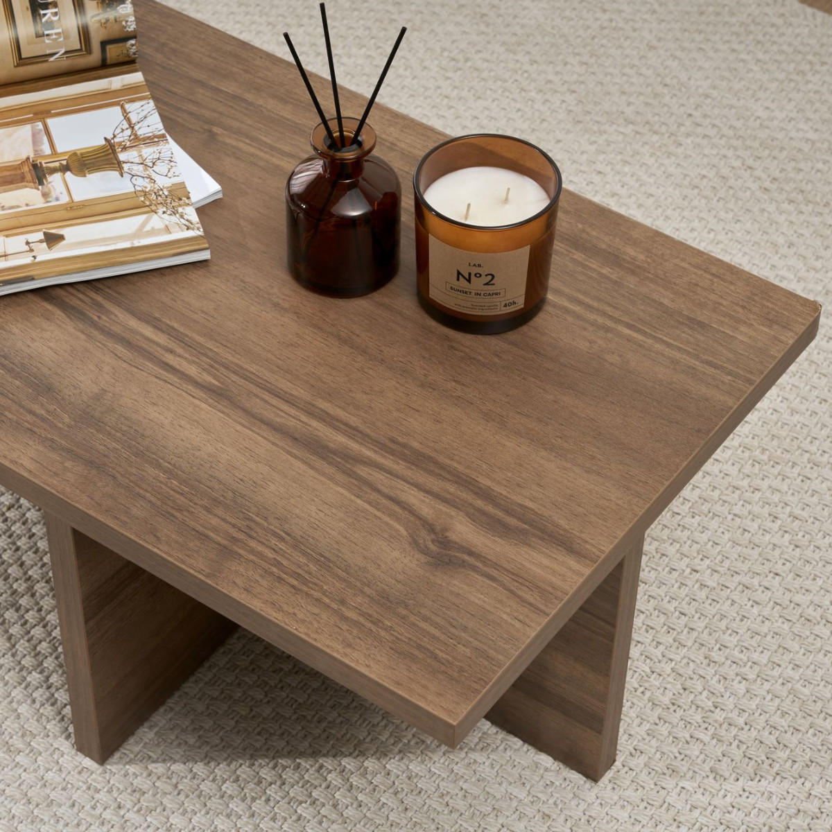 COUCHTISCH mit rechteckiger Platte und asymmetrischem Fuß L120 cm - HARBOR - Naturfarben, Holzwerkstoff (50/45/30cm) - Calicosy