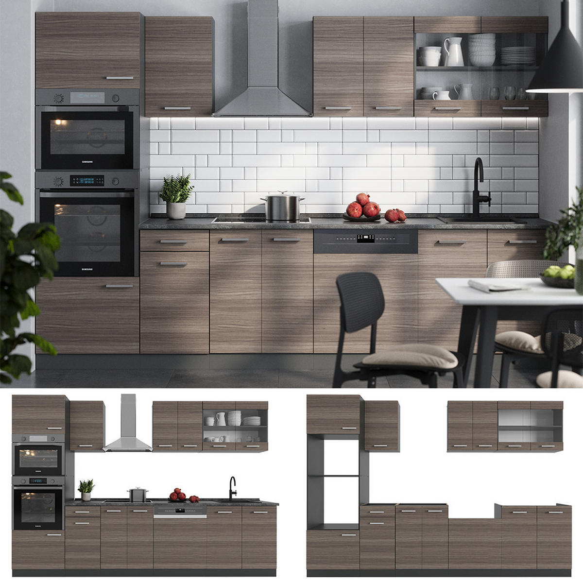 KÜCHENZEILE R-Line Edelgrau/Anthrazit 300 cm mit Hochschrank, ohne Arbeitsplatte - Anthrazit/Braun, Holzwerkstoff (300/81.6/46cm) - Vicco
