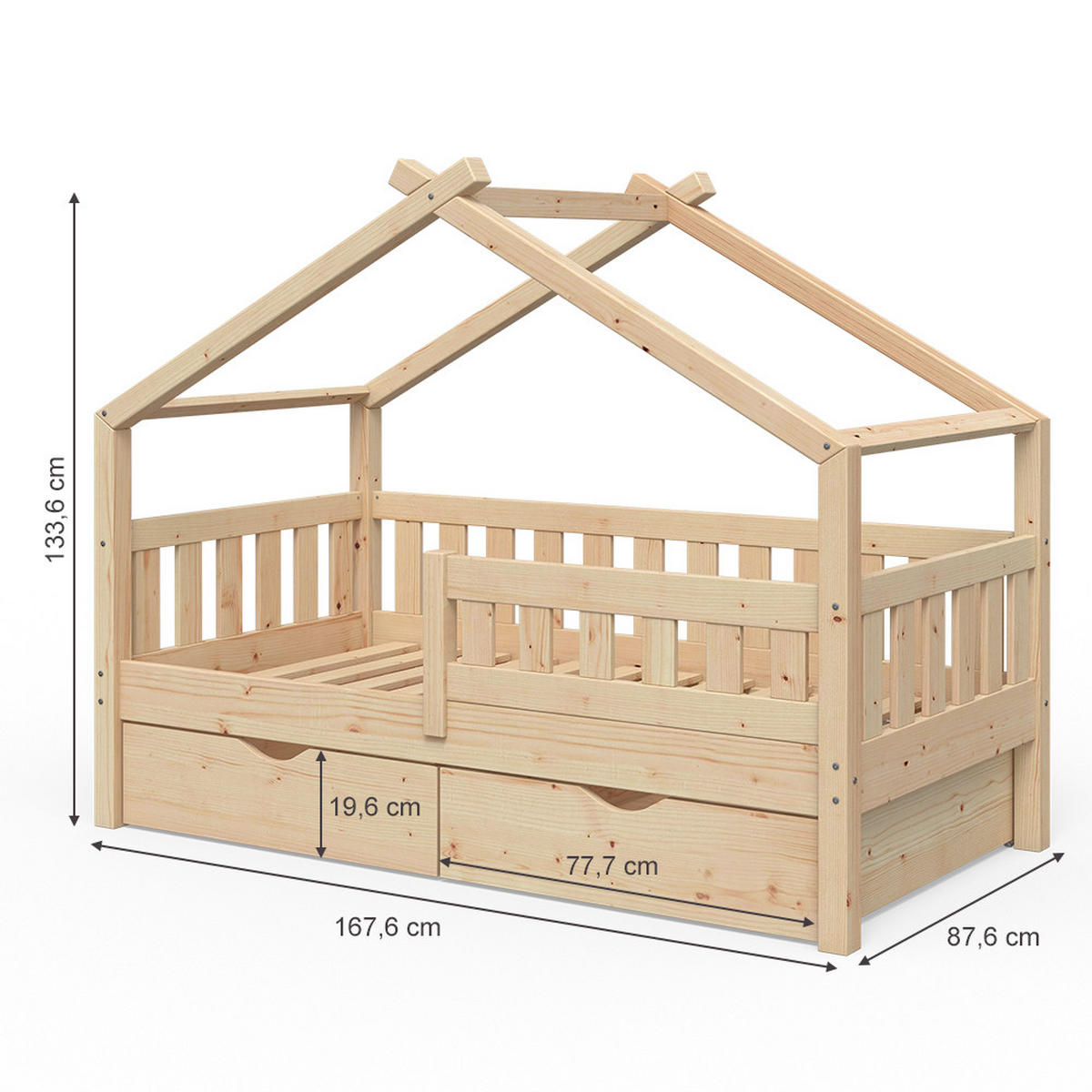 HAUSBETT Design Naturholz 80x160 cm mit 2 Schubladen und Matratze - Braun, Holz (80/160cm) - VitaliSpa
