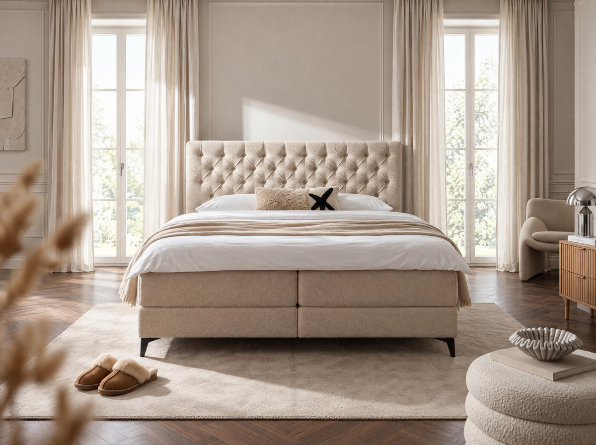 BOXBETT Amber Hellbeige 160/200 cm Boucle mit Bettkasten, mit Matratze, mit Premium Topper H3/H4 - Beige/Schwarz, Textil (160/200cm) - wonello