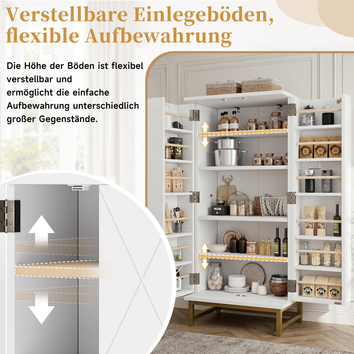 KÜCHENSCHRANK Sideboard Verstellbare Böden Weiß Gold - Weiß, Holzwerkstoff (60/130/40cm) - FLIEKS