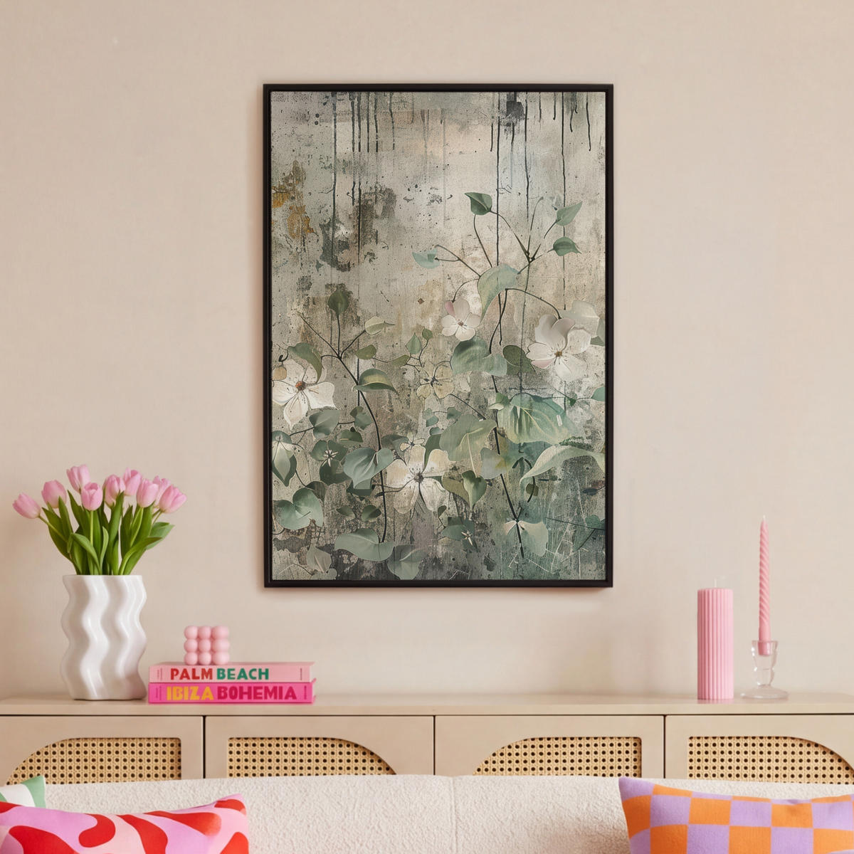 LEINWAND Bilder mit Rahmen - Blumen - Blätter - Abstrakt - Modern - 60x90 - Grau, Textil (60/90cm) - MuchoWow