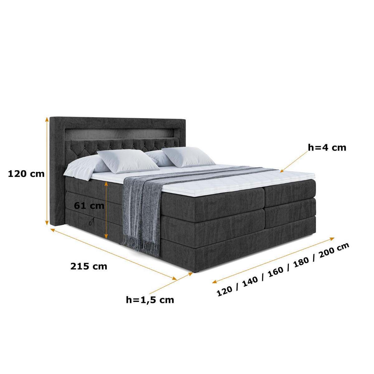 BOXSPRINGBETT NOEL GOLD KING - 140x200 - H3/H4 - Schwarz - Schwarz, Holzwerkstoff (140/200cm) - ALTDECOR