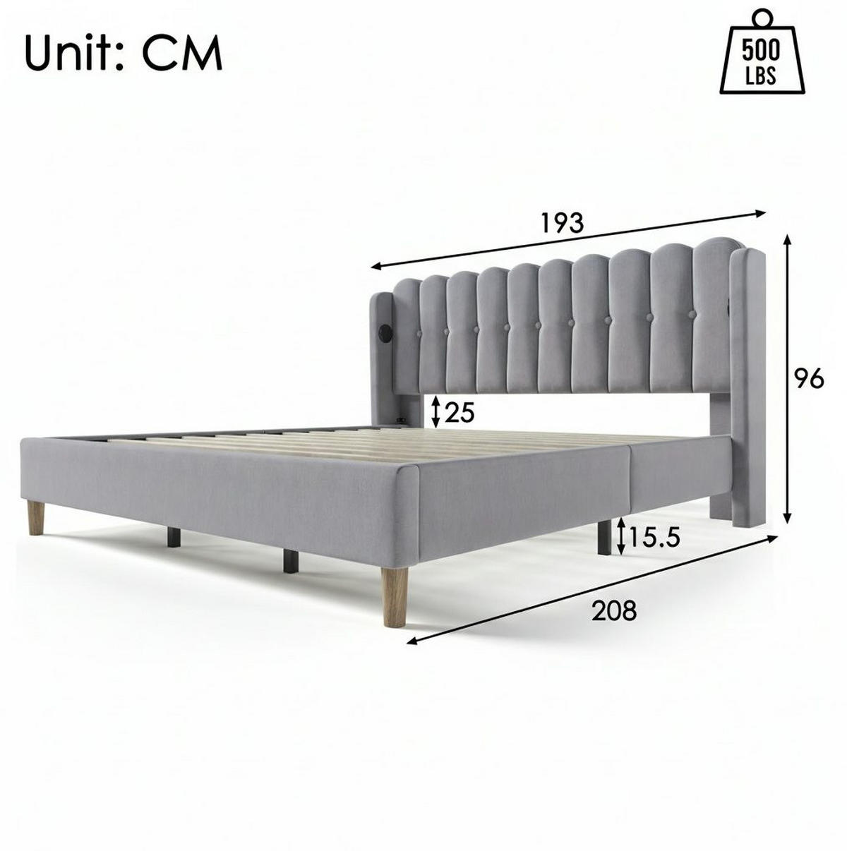 POLSTERBETT 180/200 cm mit USB- und Typ-C-Anschluss, Lattenrost und gepolstertem Kopfteil aus Leinen, Grau - Grau, Textil (180/200cm) - Redom