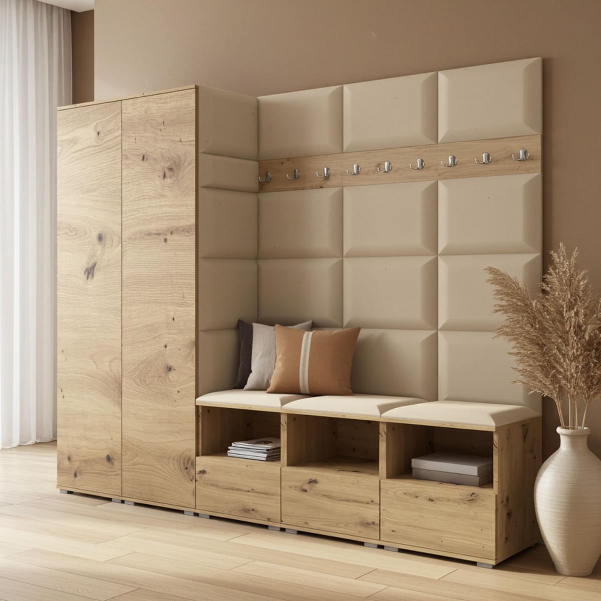 GARDEROBE NELA VII 250 cm (Modulare Flurmöbel XL Artisan Eiche mit Sitzpolster Beige 04 2 Schränke) - Beige/Silberfarben, Holz/Holzwerkstoff (250/187/40cm) - Ravio