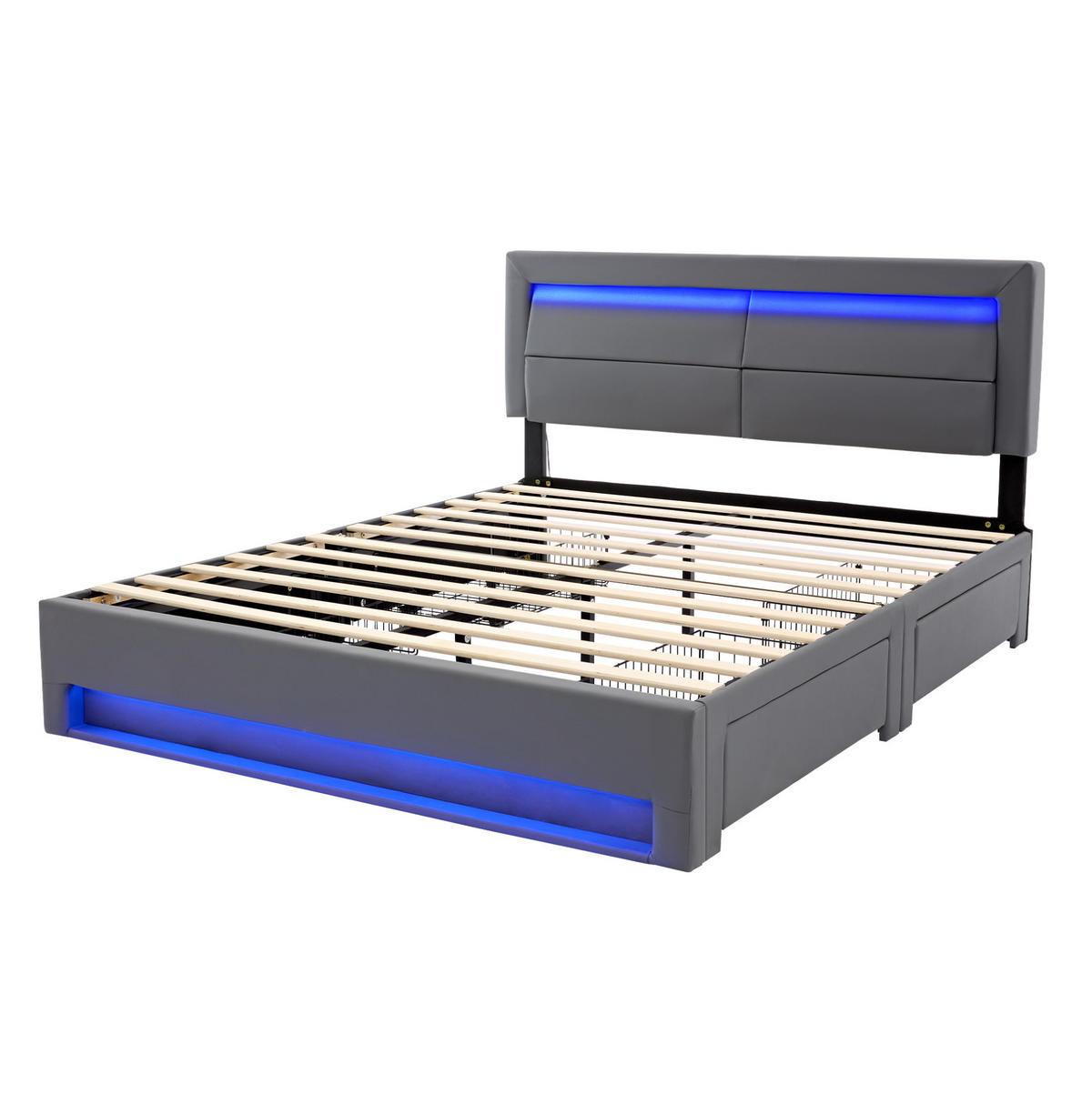POLSTERBETT 140/200 cm Grau aus PU mit LED und 4 Schubladen - Grau, Kunststoff (140/200cm) - OKMYHOME