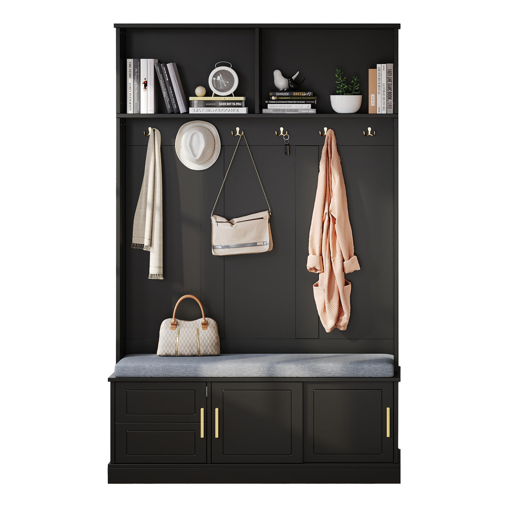 STANDGARDEROBE 120/40/191 cm in Schwarz mit 6 Haken, Sitzbank und Schuhablage - Schwarz, Holzwerkstoff (40/191/120cm) - BEAOK