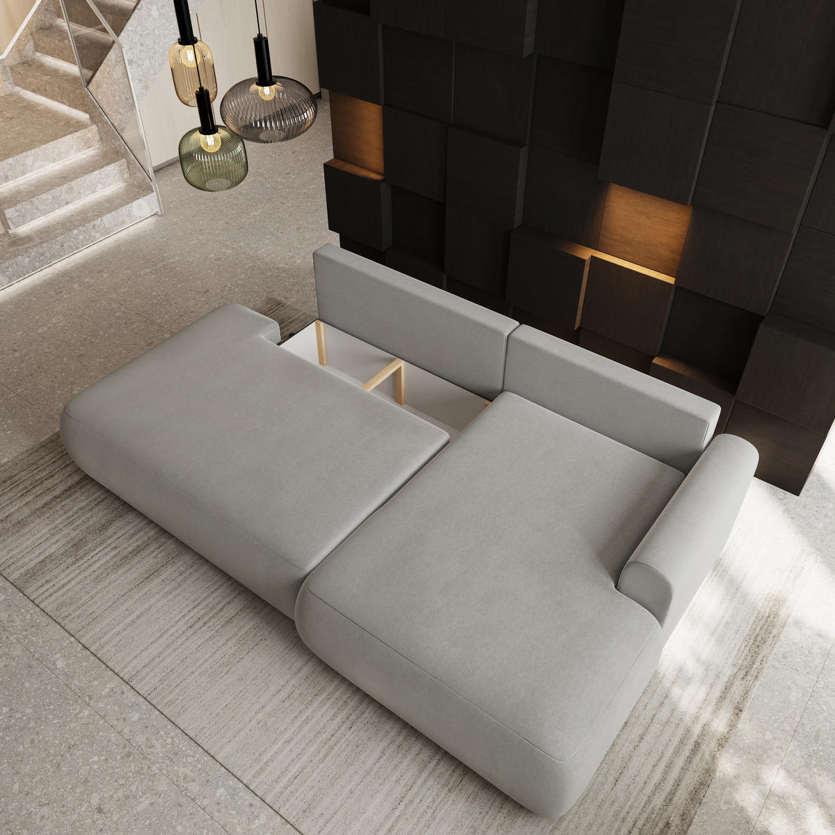 ECKSOFA NUVIRA CL R-S Hellgrau Samtstoff mit Schlaffunktion - Hellgrau, Holzwerkstoff/Textil (279/158cm) - MASSENO