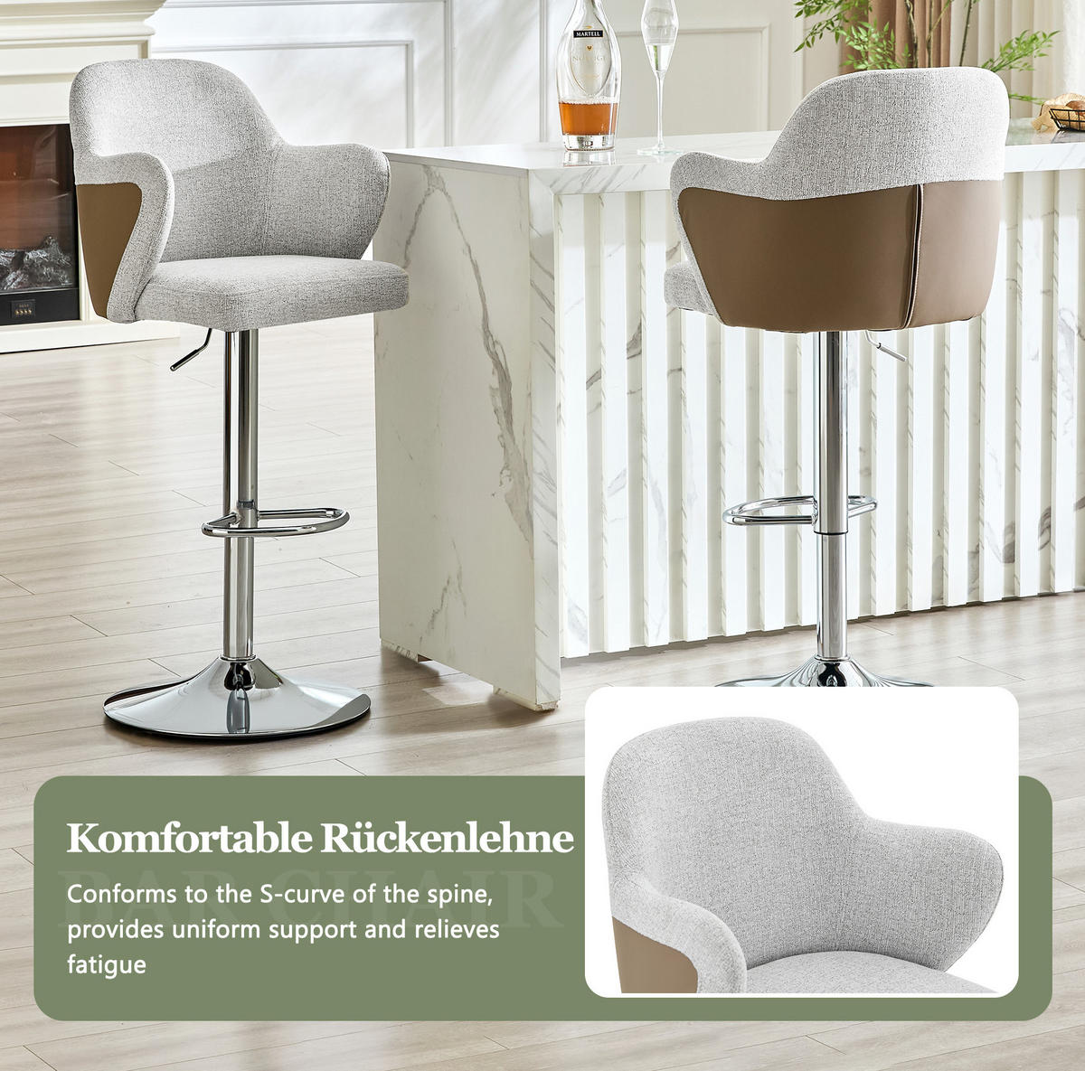 BARHOCKER 2er-Set höhenverstellbar drehbar Stoff Grey+Brown - Grau, Metall (37.6/118/45.1cm) - Meubliv