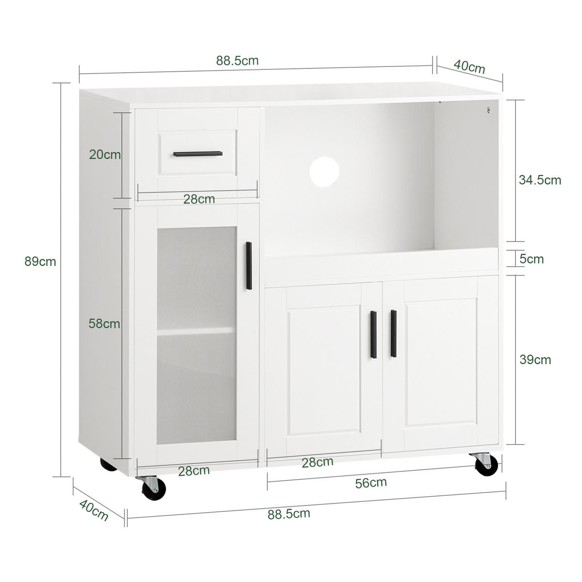 MIKROWELLENSCHRANK, Sideboard auf Rollen, Weiß - Weiß, Holzwerkstoff (89/89/40cm) - SoBuy