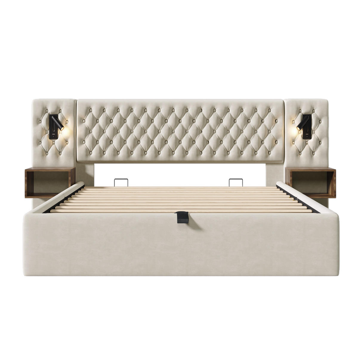 POLNJENA postelja iz žameta 180x200 cm bež s hidravličnim predalom, nočnima omaricama, bralno lučko in USB/C polnjenjem - bež, tekstil (180/200cm) - Modfu