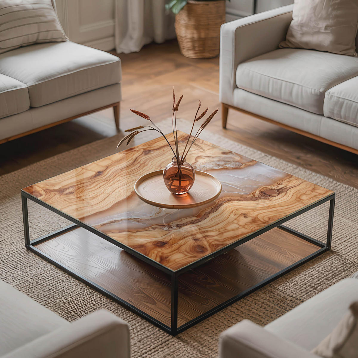 TISCHPLATTE 50x50 cm Naturholz mit Harz - Beige/Braun, Glas (50/50/0.4cm) - TULUP