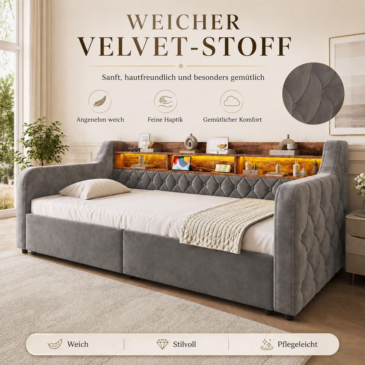 TAGESBETT 90/190 mit Schubladen & Regal, USB-C Ladeanschlüsse/LED, Samt, Dunkelgrau - Dunkelgrau, Holz (90/190cm) - LVHOM