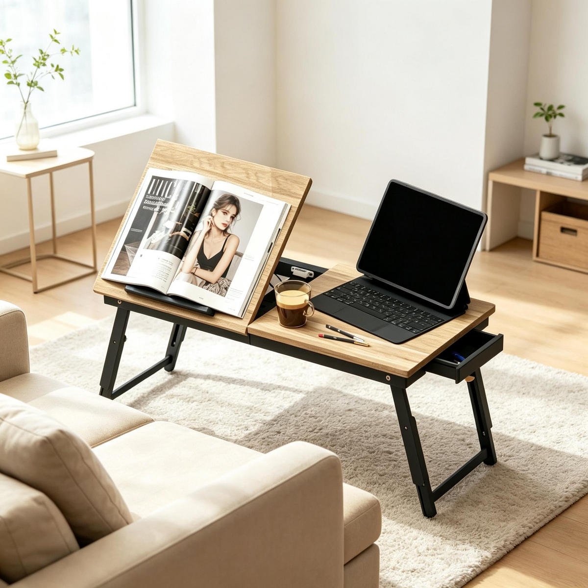 LAPTOPTISCH DE-37259 höhen- und neigbar mit Schublade Eiche/Schwarz - Eichefarben, Holzwerkstoff (83.5/33/34cm) - ComfortXL
