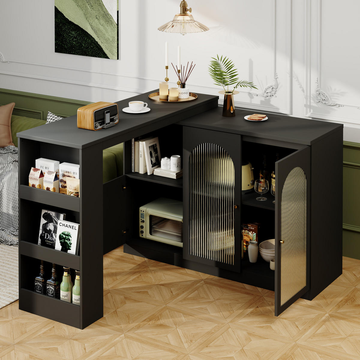 BARTISCH 360° Drehbar 120cm Barschrank Schwarz Glastür - Schwarz, Holzwerkstoff (40/120/97cm) - FLIEKS