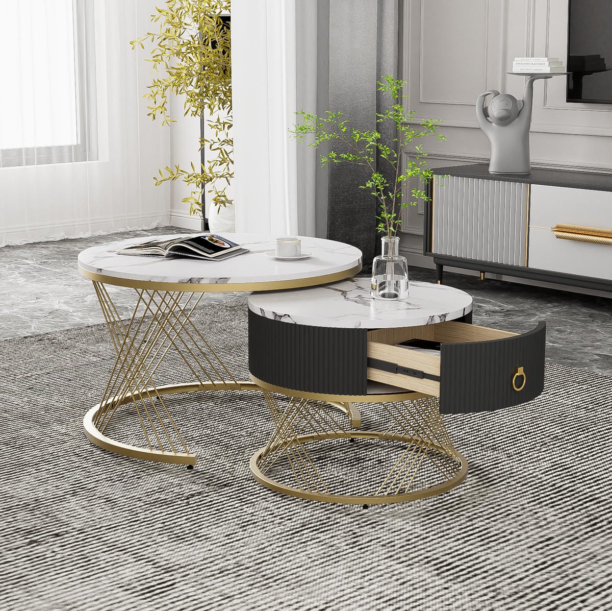 COUCHTISCH 70/70/45 + 50/50/40 cm in Marmor-Optik mit Schublade, 2er-Set - Weiß, Holzwerkstoff (70/70/45cm) - Flora Grace
