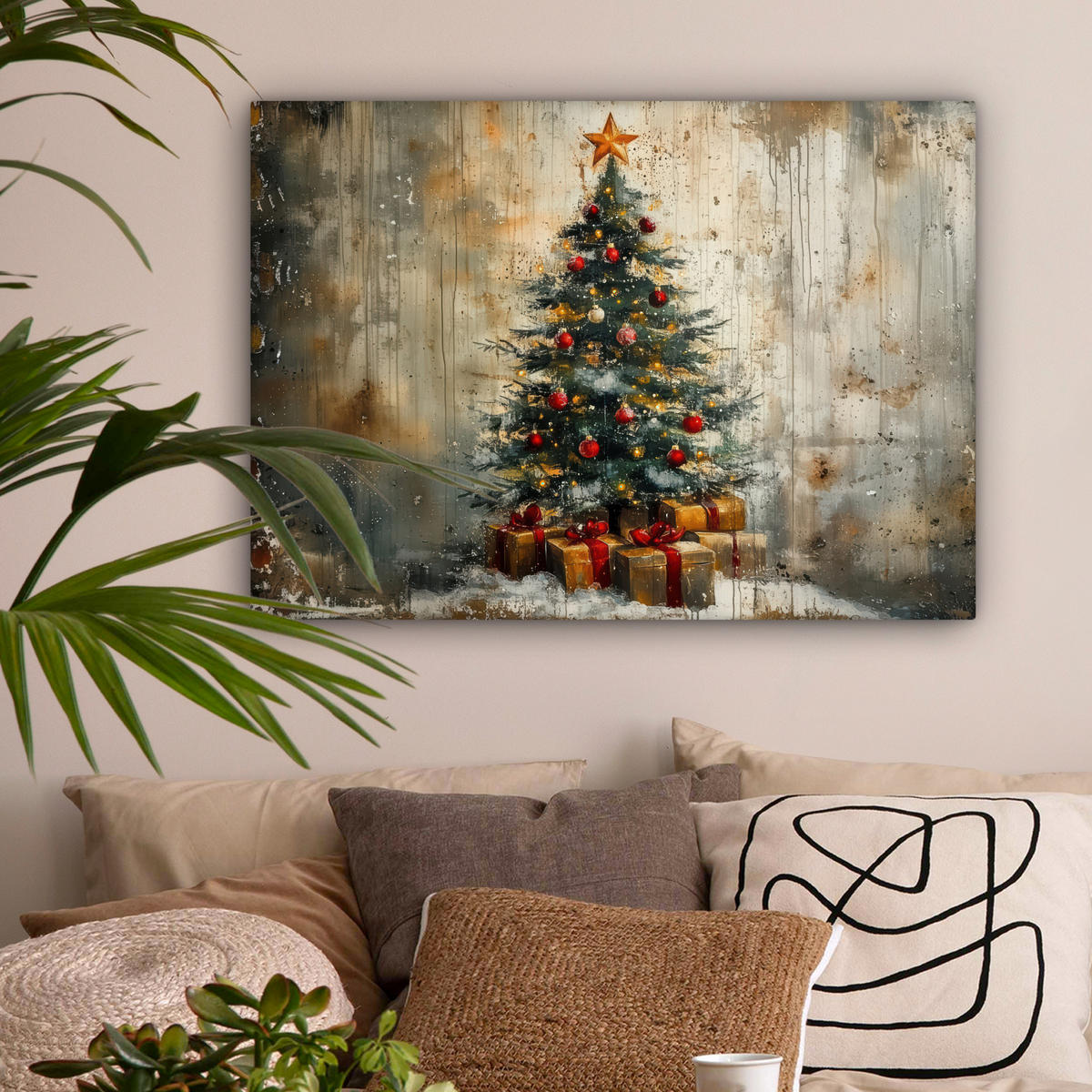 LEINWANDBILD Weihnachtsbaum - Vintage - Weihnachten - Geschenk Wandbilder 80x60 cm - Rostfarben, Textil (80/60cm) - MuchoWow