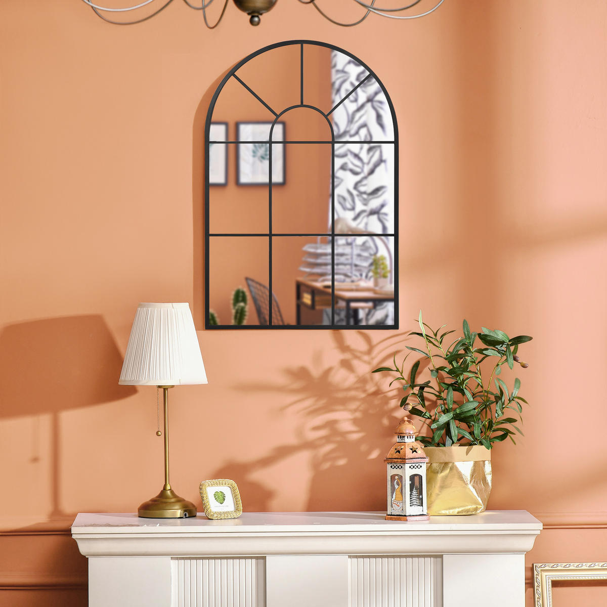 91 x 60 cm Wandspiegel Bogenfenster-Spiegel Wohnzimmerspiegel Schwarz Metall - Schwarz, Glas/Metall (2/60/91cm) - HOMCOM