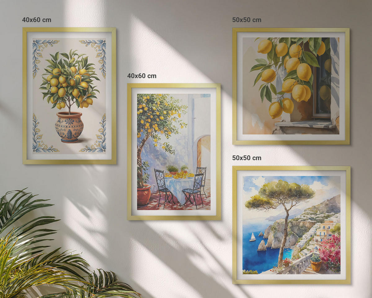 BILDER SET 4er Set - 50x50 cm & 40x60 cm Goldrahmen - Zitronenbäume in der Sonne - Goldfarben, Kunststoff (50/50cm) - TULUP