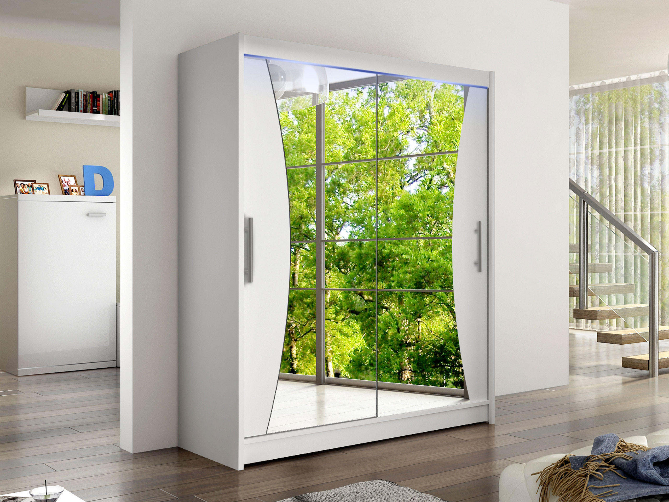 SCHWEBETÜRENSCHRANK Westa IX, mit RGB LED Beleuchtung - Silberfarben/Weiß, Holzwerkstoff/Metall (150/200/58cm) - MIRJAN24