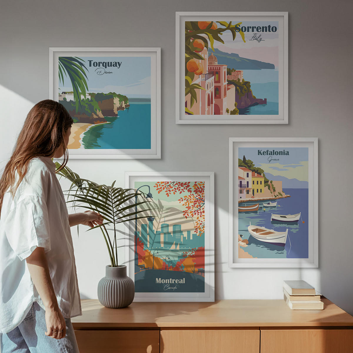 BILDER SET 4er Set - 50x50 cm & 40x60 cm Weißer Rahmen - Retro-Ansichten von Städten auf der ganzen Welt - Weiß, Kunststoff (50/50cm) - TULUP