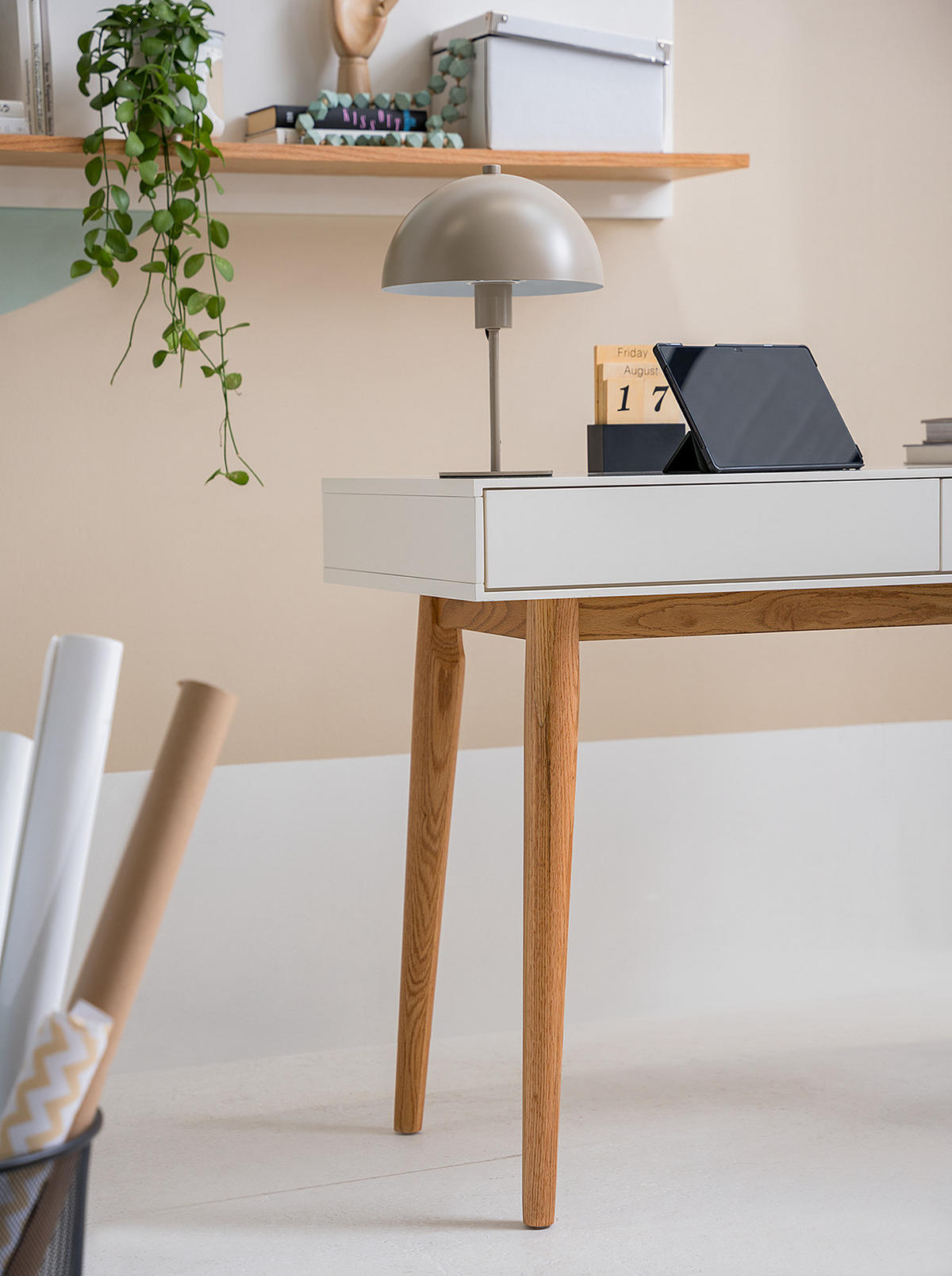 SCHREIBTISCH mit 2 Schubladen - Weiß / Eiche - Weiß, Holzwerkstoff (50/110/80cm) - home24