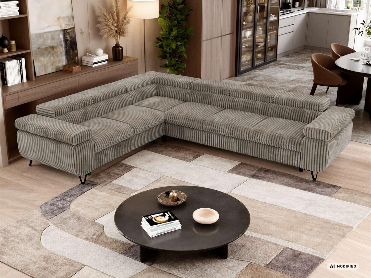ECKSOFA NORDEN L - Hellbraun Cord - Rechts Seite - Hellbraun/Schwarz, Textil/Metall (329/269cm) - MKS