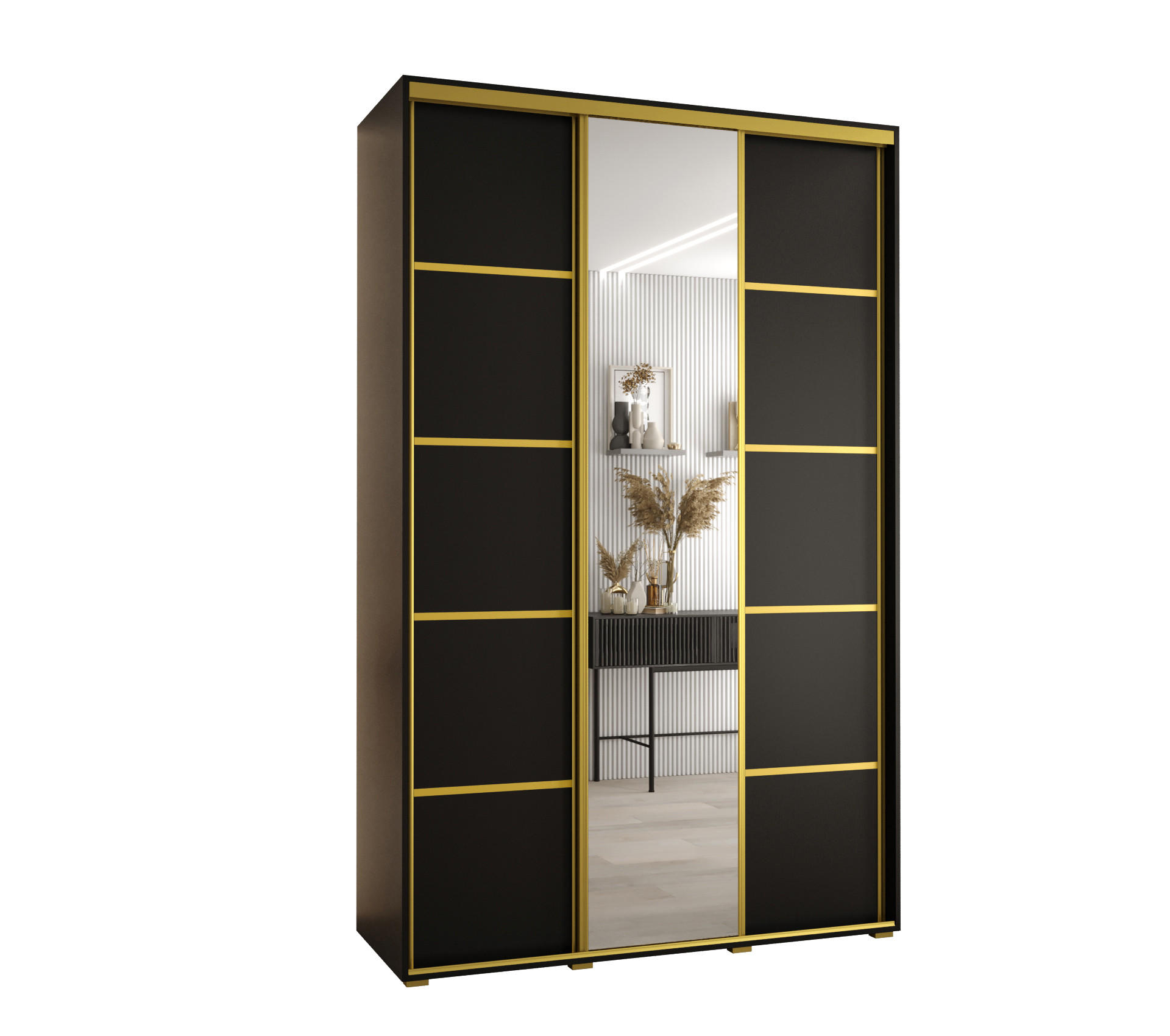 Abiks Möbel Schwebetürenschrank Schwarz, Schwarz, Gold 160x235x45 cm