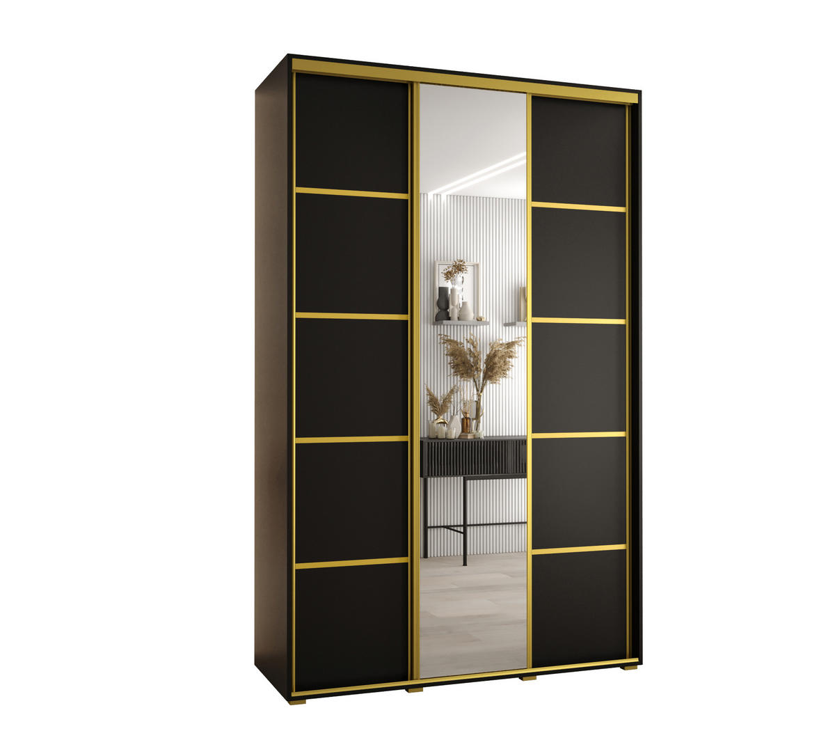 SCHWEBETÜRENSCHRANK 235,2/160/60 3-türig - Goldfarben/Schwarz, Holz/Metall (160/235/60cm) - Abiks Möbel