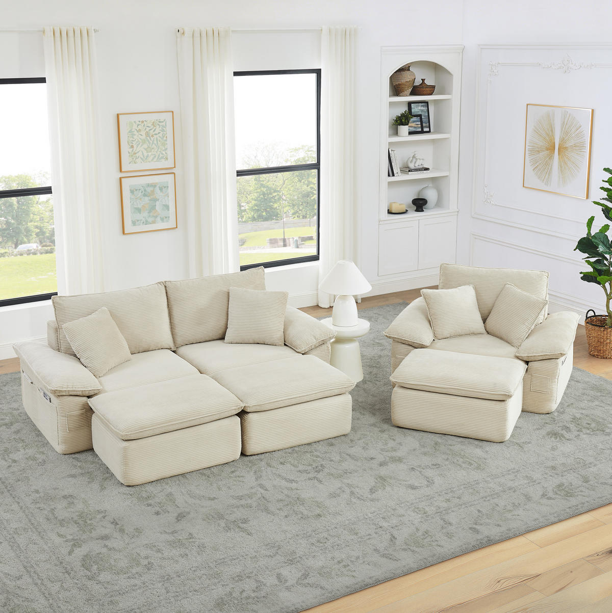 2-SITZER-BODENSOFA 156/206/65 cm beige aus Stoff mit Fußstütze und Seitentaschen - Beige, Textil (206/65/156cm) - OKWISH