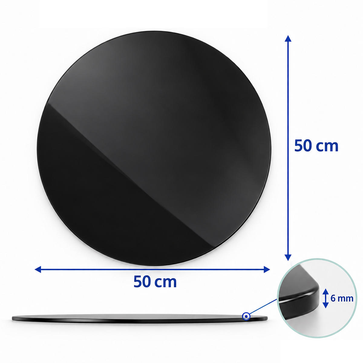 TABULE Černá kalené bezpečnostní sklo 50 cm kulatá - černá, sklo (50/50/0.6cm) - Relaxdays