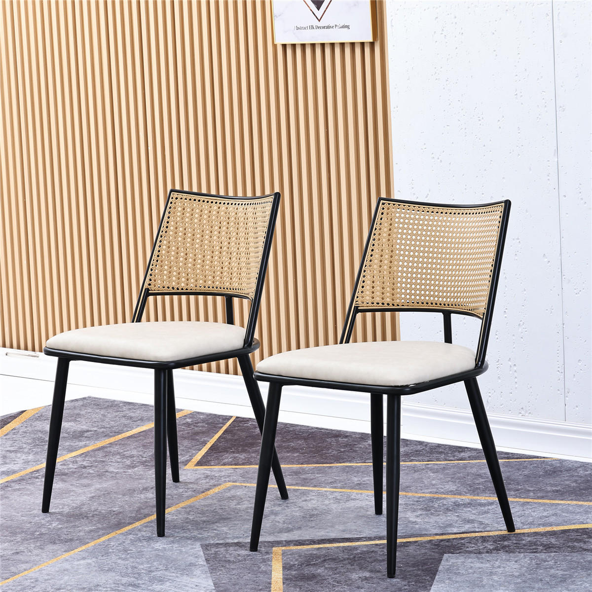 ESSZIMMERSTUHL 2er Set PU Sitz Rattan Rückenlehne schwarz - Schwarz, Metall (46/80/48cm) - Kaket