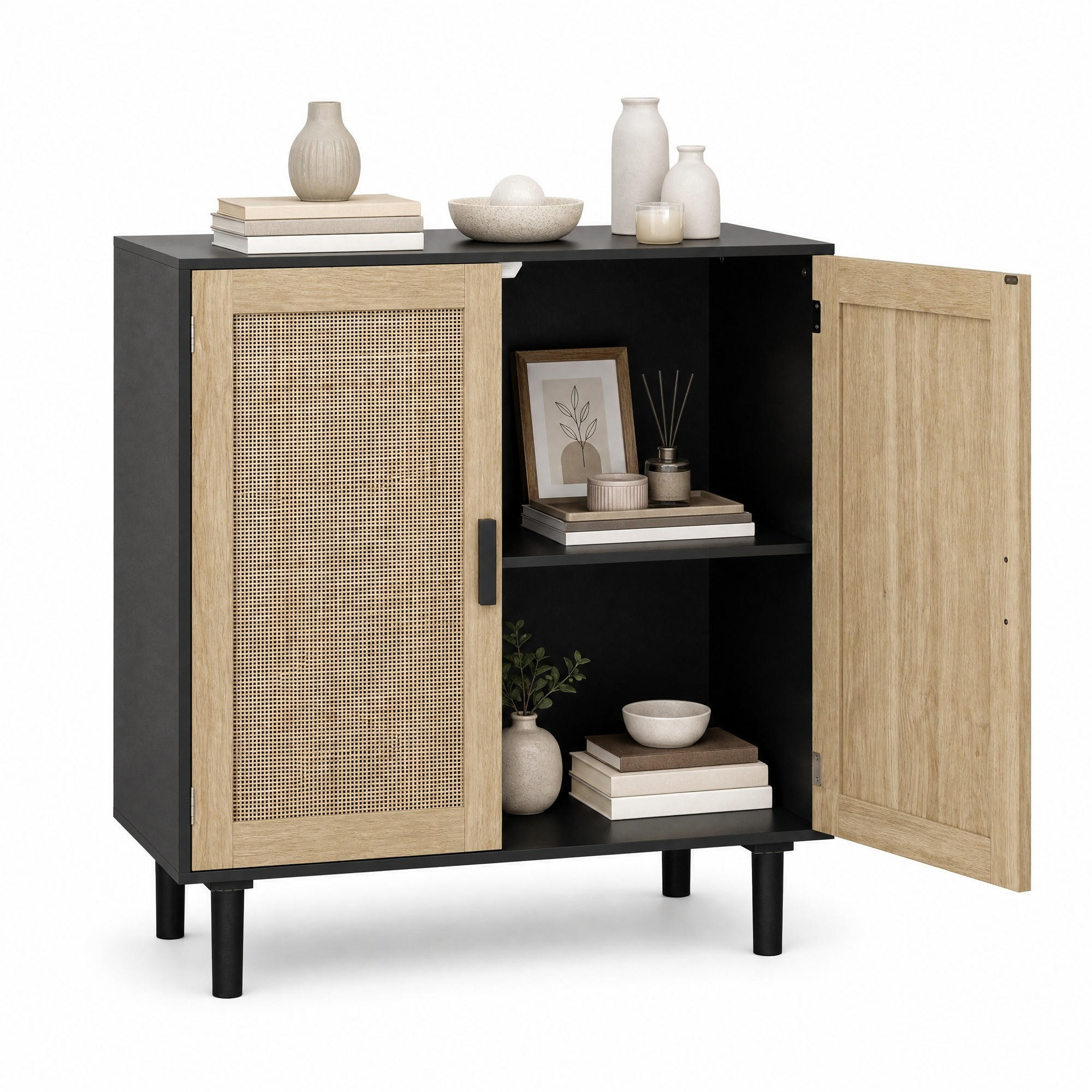 SIDEBOARD Schwarz, 80/40/88 cm, mit Rattan-Fronten und 2 Türen - Schwarz/Naturfarben, Holzwerkstoff (80/88/40cm) - CHICFURN