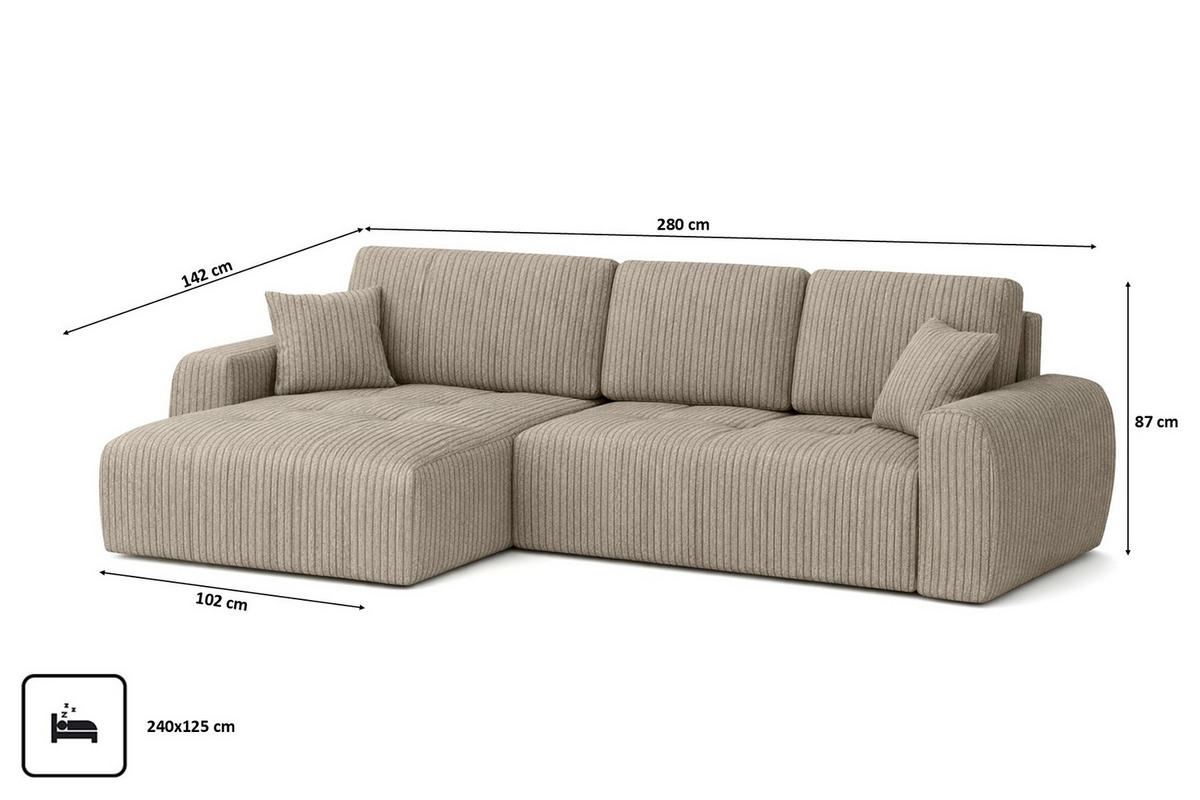 ECKSOFA Mit Schlaffunktion Und Bettkasten L-Form Ivo XL, Cordstoff Poso, Dunkelbeige, Links - Beige, Holz (280/142cm) - Kaiser Möbel