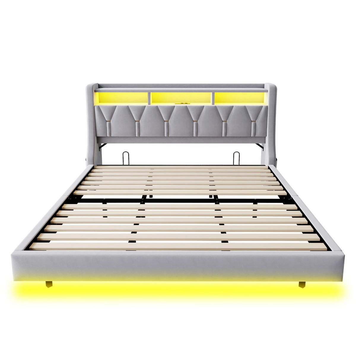 ČALOUNĚNÁ postel 180/200 cm světle šedá z sametu s LED osvětlením a úložným čelem - šedá, textil (180/200cm) - OKWISH