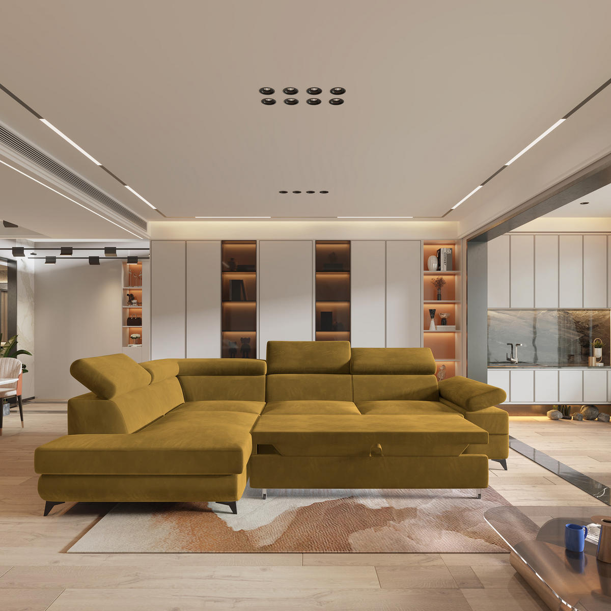 ECKSOFA FAVIEN L-S Gelb Velours-Stoff mit Schlaffunktion - Gelb, Holz (257/190cm) - MASSENO