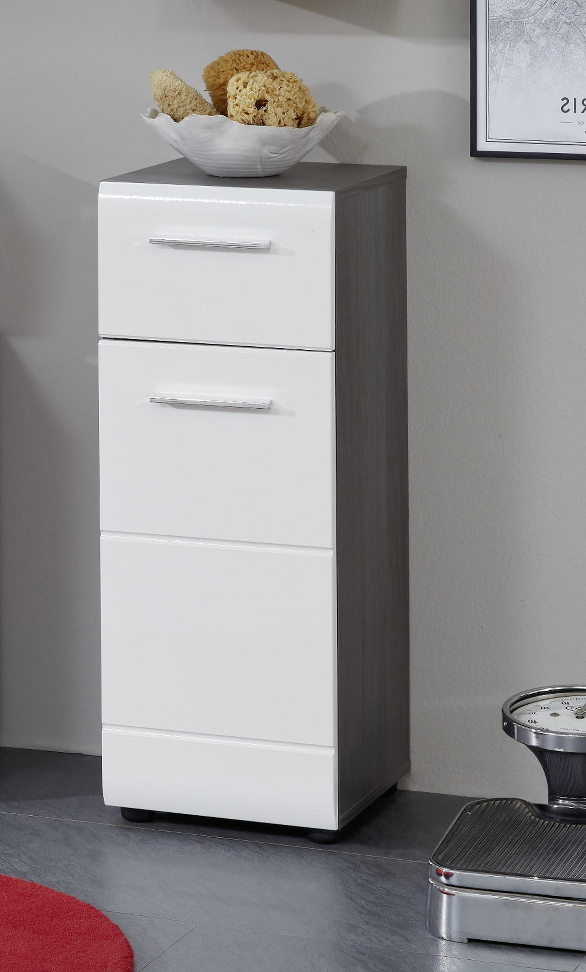 UNTERSCHRANK weiß Hochglanz, grau Rauchsilber, Badschrank 30 cm, Türanschlag wechselbar - Weiß Hochglanz/Silberfarben, Holzwerkstoff/Kunststoff (30/80/31cm) - Top.Furn
