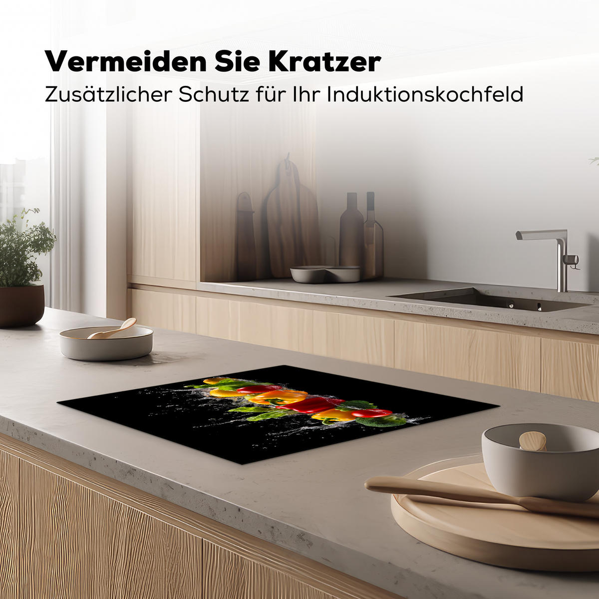 HERDABDECKPLATTE Paprika - Wasser - Gemüse - Schwarz Abdeckung Ceranfeld 58.3x51.3 cm - Multicolor, Kunststoff (58.3/51.3/0.2cm) - MuchoWow