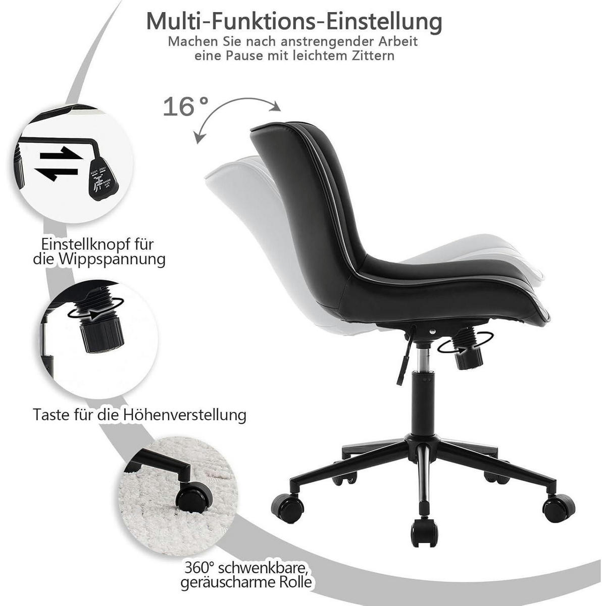 BÜROSTUHL ergonomisch mit PU-Leder, schwarz - Schwarz, Kunststoff (53/93/46cm)