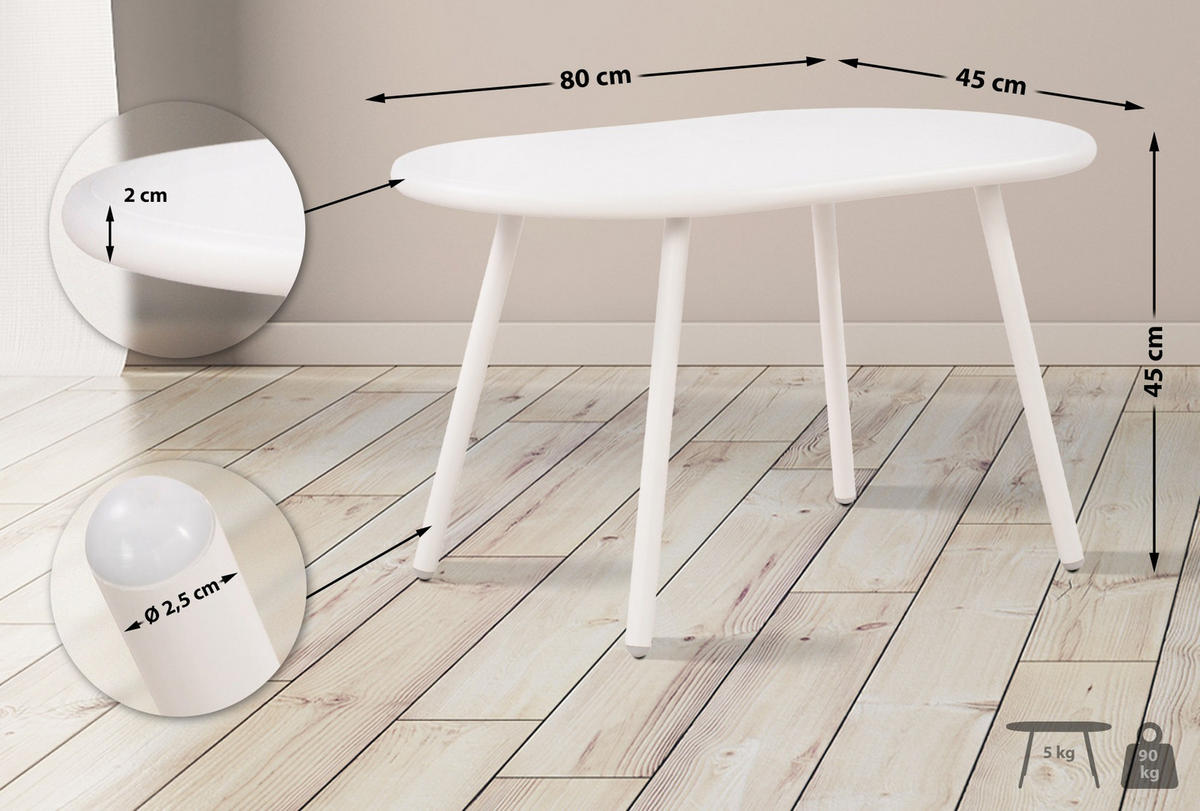 COUCHTISCH oval 80/45/45 cm Kunststoff weiß - Weiß, Kunststoff/Metall (45/80/45cm) - CLP