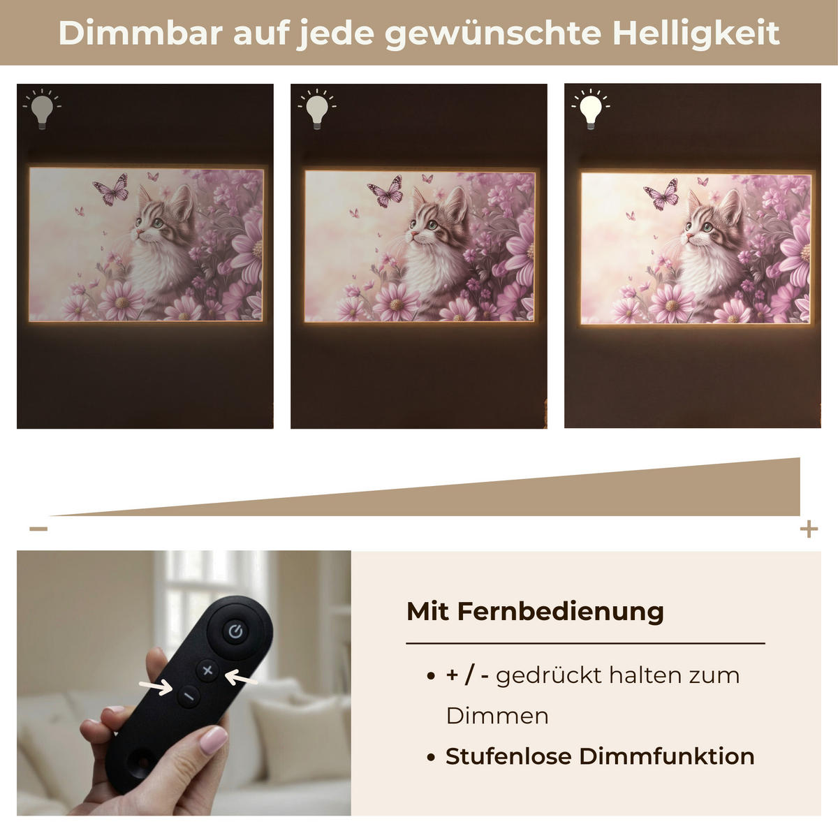 NÁSTĚNNÁ LAMPA S AKUMULÁTOREM Koťátko - Květiny - Motýli - Fialová 90x60 cm - starorůžová, kompozitní dřevo (90/60/8cm) - OnlyWow