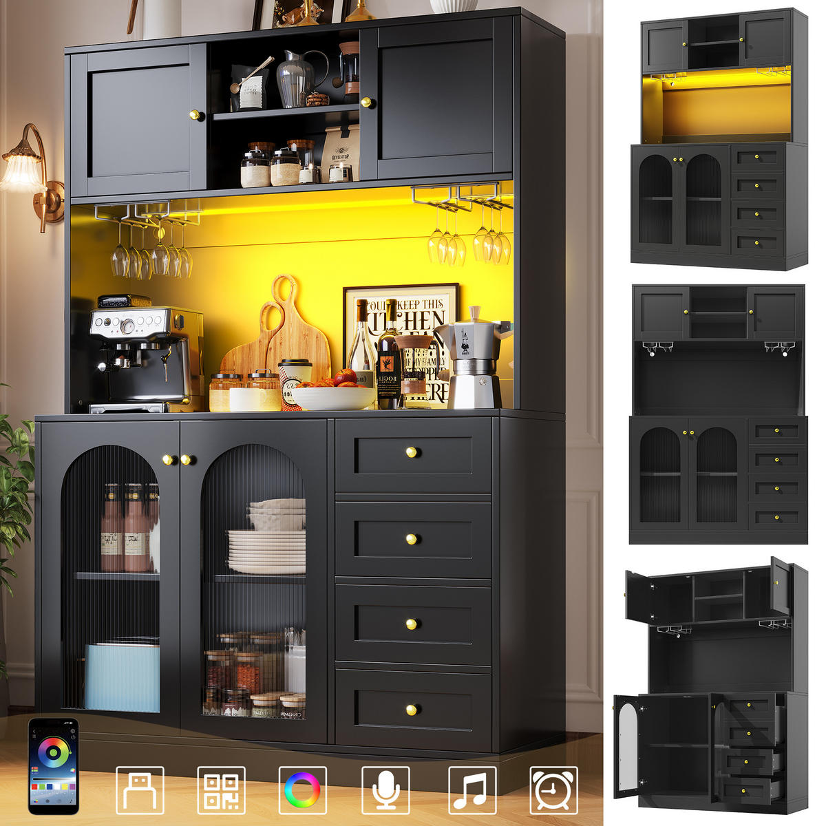 BUFFET Küchenschrank MDF Fluted Glas LED App Steuerung Anti-Kipp System Stauraum 120/40/188 - Schwarz, Glas/Holzwerkstoff (120/188/40cm) - EVRYAE