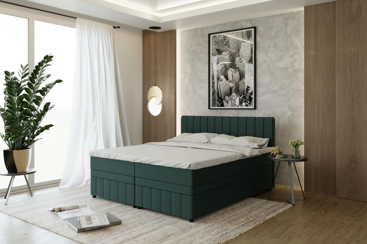 BOXBETT AVALON 180 x 200 cm mit Bettkasten und Topper - Dunkelgrün - Dunkelgrün, Holz - Panda Möbel