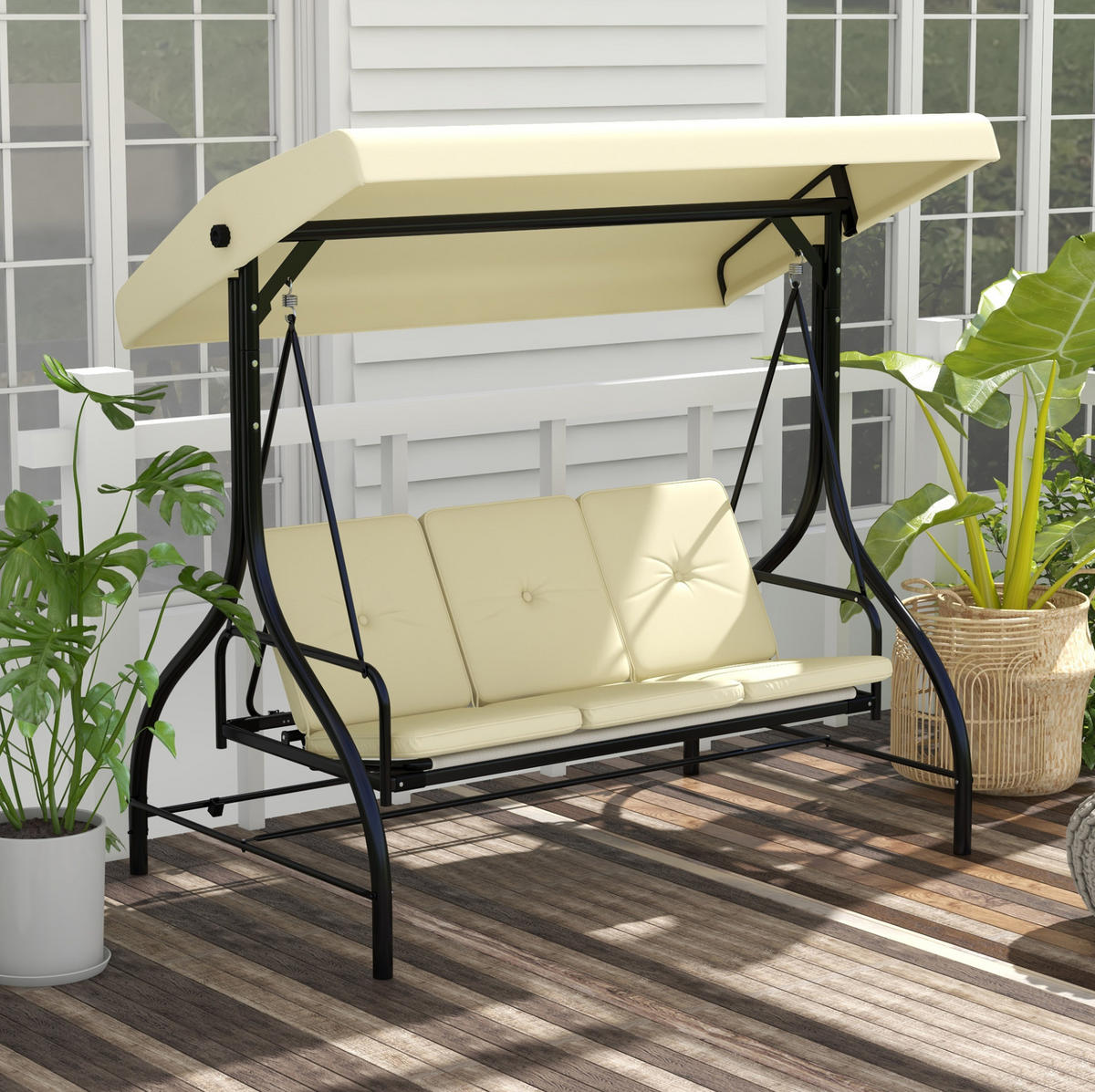 HOLLYWOODSCHAUKEL 195/117/175 cm mit Liegefunktion, verstellbarem Sonnendach und Stahlgestell, Beige - Beige, Metall (117/175/195cm) - Redom