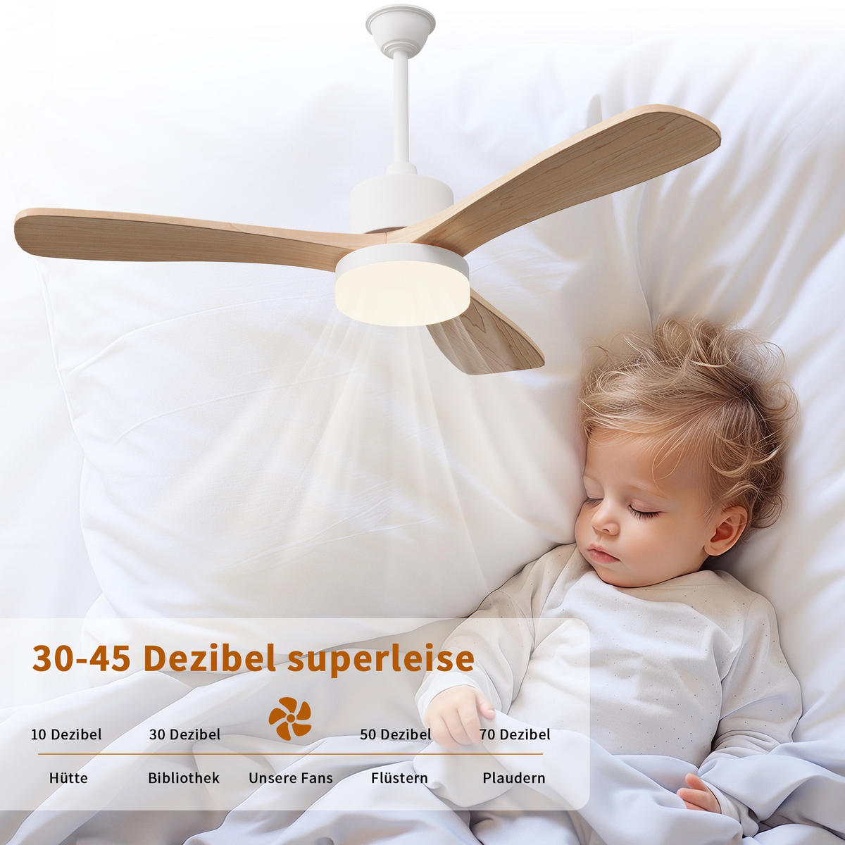 DECKENVENTILATOR mit LED-Licht, 106,6 cm, 3 Holzflügel, 6 Stufen & Timer - Naturfarben, Metall (106.6/106.6/52cm) - EuroLiving
